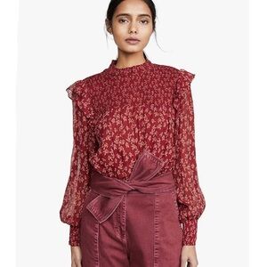 Free People Small Roma Blouse ~ Red Ditsy Floral Smocked Peasant Boho